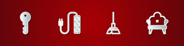 设置房子钥匙，电动分机，处理扫帚和沙发图标。向量图片下载