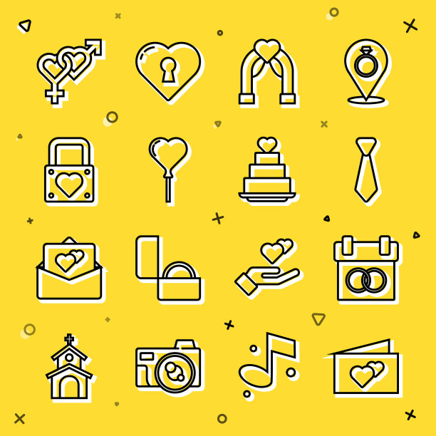 集线贺卡，日历，领带，婚礼拱门，气球形式的心脏，锁和，性别和蛋糕与图标。向量图片下载