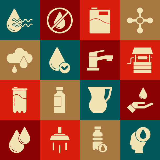 集水滴，用肥皂洗手，井桶，大瓶清水，云雨，循环水和水龙头图标。向量图片下载