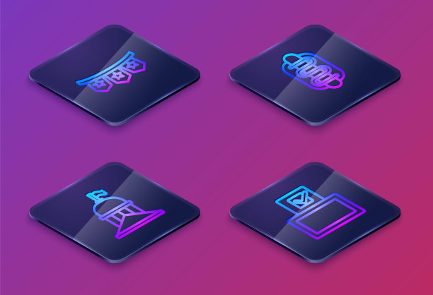 2.5D嘉年华彩带旗帜、白宫、热狗三明治和投票箱图标蓝色方块按钮矢量素材图片下载