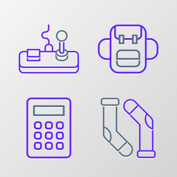 设置线袜子，计算器，学校背包和游戏手柄图标。向量图片下载