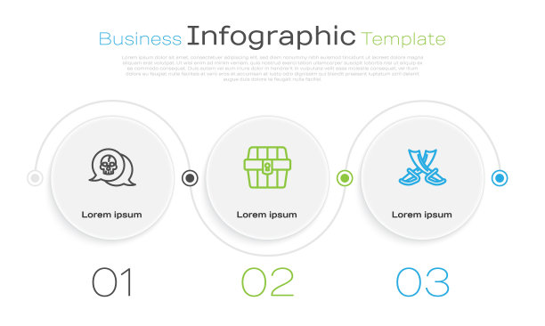 设置线头骨，古董宝箱和交叉海盗剑。业务信息图表模板。向量图片下载
