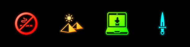 设置禁止吸烟，埃及金字塔，在线博物馆和匕首图标。向量图片下载