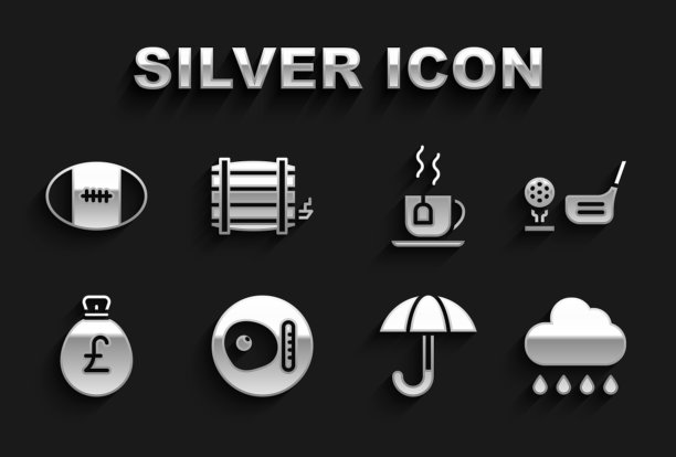 集英式早餐，高尔夫俱乐部与球在发球台，云雨，雨伞，钱袋磅，一杯茶茶，橄榄球和木桶图标。向量图片下载