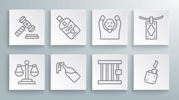 设置线尺度的正义，威士忌酒瓶，鸡尾酒莫洛托夫，监狱窗口，打火机，小偷投降的手，洗钱和法官的小木槌图标。向量图片下载