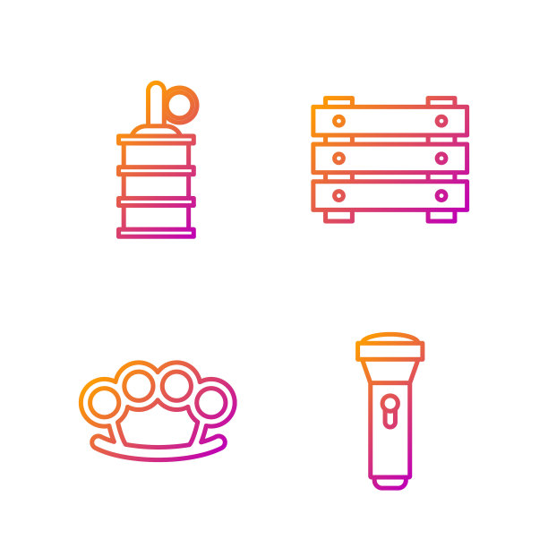 集线手电筒，铜指节，手雷和军事弹药箱。渐变颜色图标。向量图片下载