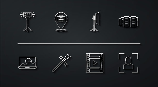 设置线工作室灯泡在软箱，照片修图，相机照片镜头，胶卷卷墨盒，相机，对焦框线和图标。向量图片下载