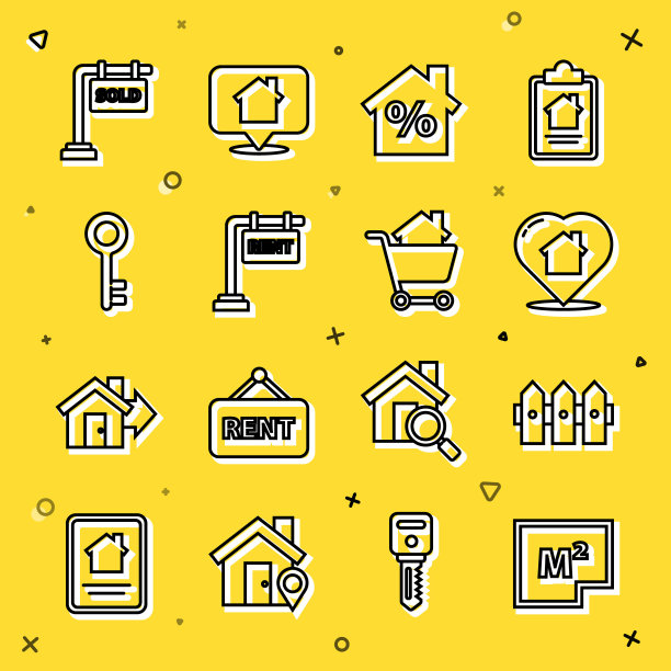 设线房屋平面图，花园栅栏木制，心形，折扣，挂标志租金，钥匙，出售和购物车的房子图标。向量图片下载