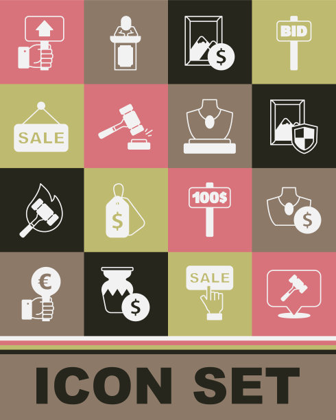 集拍卖锤，珠宝销售，绘画，价格标签与销售，手持拍卖桨和图标。向量图片下载