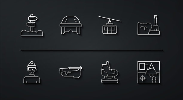 设置线道路交通路标，冬季运动员，铲雪堆，冰鞋，冬季两项步枪，曲棍球头盔，折叠地图和缆车图标。向量图片下载