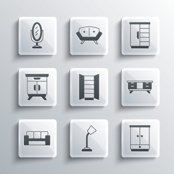 集台灯，衣柜，电视桌架，沙发，家具床头柜，镜子和图标。向量图片下载