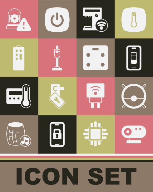 设置网络摄像头，机器人吸尘器，智能手机电池充电，咖啡机，吸尘器，遥控器，响闹钟和浴室秤图标。向量图片下载