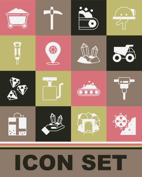 集斗轮挖掘机、施工手提钻、矿用自卸车、运煤输送带、宝石石、矿用小车、图标。向量图片下载