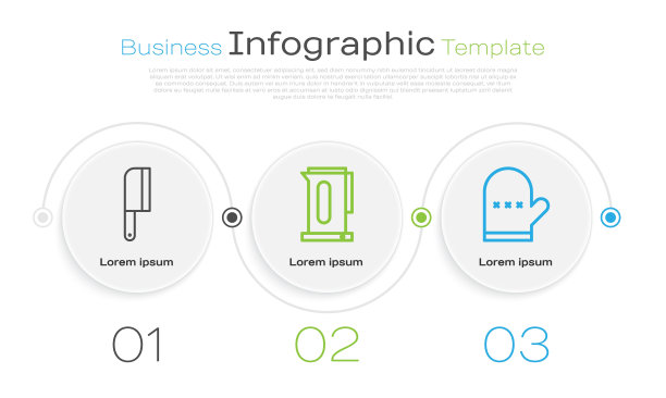 固定生产线切肉机，带柄水壶和烤箱手套。业务信息图表模板。向量图片下载