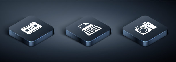 设置等距复古音频磁带，照相机和打字机图标。向量图片下载