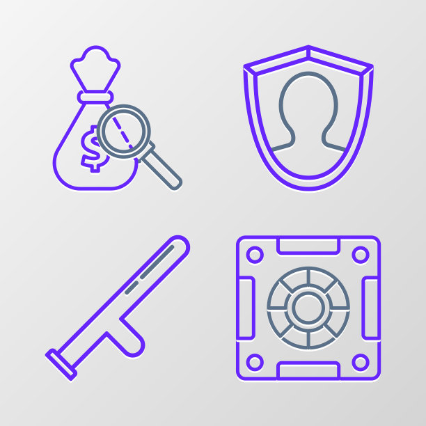 设置线安全，警察橡皮棒，用户保护和钱袋和放大镜图标。向量图片下载