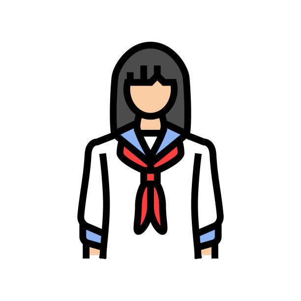 日本女学生彩色图标矢量插图图片下载