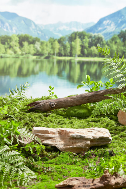 照片是从正面拍摄的，湖边的自然景色，湖边的土地被绿草覆盖，上面有一个空白的石头基座，上面有多种绿色植物装饰图片下载