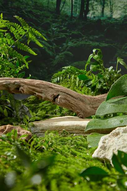 极简风格的自然风光照片，从正面拍摄，草坪上的一个巨大的空白石头讲台，后面装饰着一根原木。用于添加文本或设计元素的空白空间图片下载