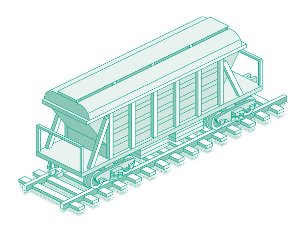 等距料斗车。物体被隔离在白色背景上。铁路。大宗运输水泥、粮食等散货或大宗商品的货车。轨道上的马车。图片下载