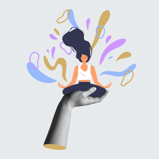 在复古拼贴插画中做瑜伽冥想的年轻女子图片下载