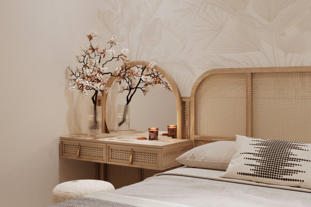 简单舒适的米色卧室内部与床床头板图片下载