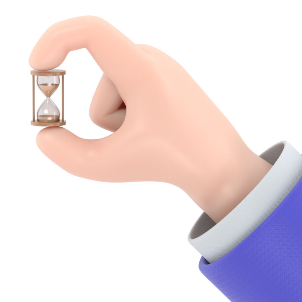 卡通手势图标模型。沙漏平面图标。手里拿着沙漏。三维插图卡通设计。时间管理控制。白色背景的3D渲染。图片下载