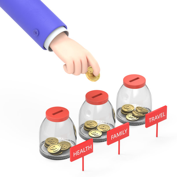 卡通手势图标模型。平面三维等尺商人手中投币融入家庭、健康、旅游、理财理念。白色背景的3D渲染。图片下载