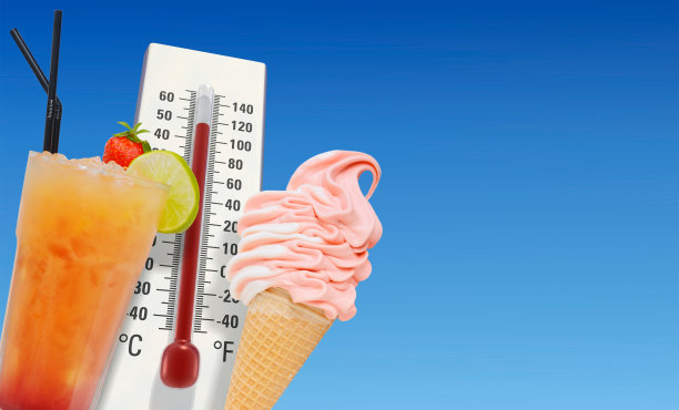 鸡尾酒，冰淇淋，温度计，蔚蓝的天空图片下载