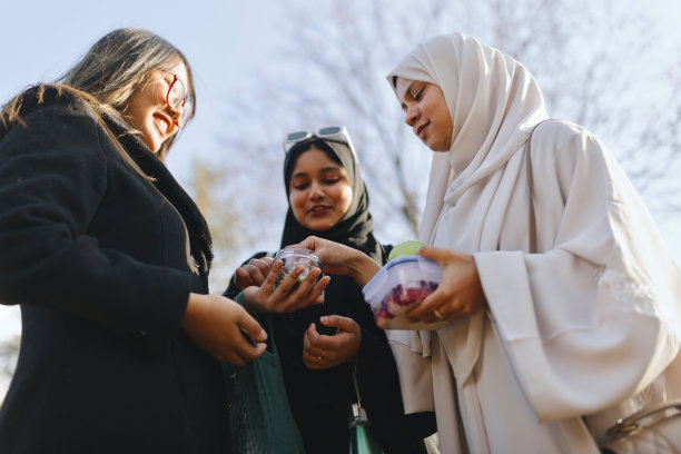 三个朋友在公园里吃健康食品的照片图片下载