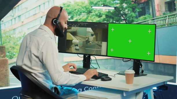 在绿屏旁边监控交通的中东员工图片下载