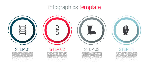 设置防火梯、攀爬绳、靴子和消防员手套。业务信息图表模板。向量图片下载