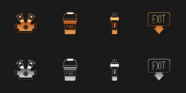 设置消火栓，水桶，手电筒和出口图标。向量图片下载