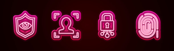 设置屏蔽和眼睛，面部识别，网络安全和指纹。发光的霓虹灯图标。向量图片下载