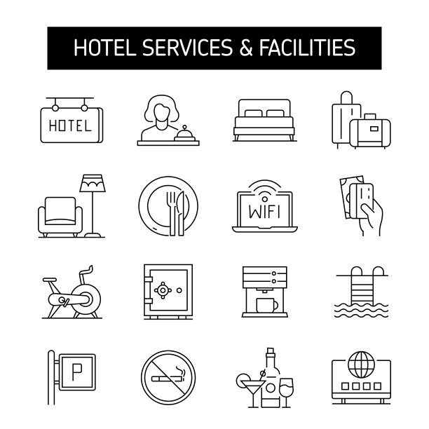 酒店服务和设施线图标集。接待，在线预订，赌场，国王服，免费Wifi，客房服务，早餐。图片下载