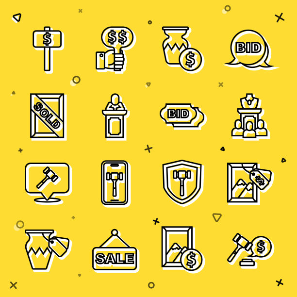 集拍锤价格，绘画，珠宝销售，古花瓶，拍卖师销售，出售，手持桨和出价图标。向量图片下载