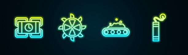 设线炸药、斗轮挖掘机、输送带运煤等。发光的霓虹灯图标。向量图片下载