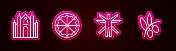 集线米兰大教堂，比萨，维特鲁威人和橄榄枝。发光的霓虹灯图标。向量图片下载