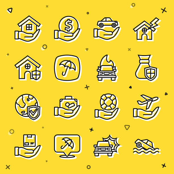 设线洪水车，飞机在手，钱袋与盾牌，汽车保险，伞，房子，和燃烧的图标。向量图片下载