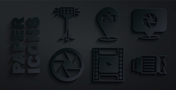 设置相机胶卷墨盒，快门，照片镜头，相机和工作室灯泡在软箱图标。向量图片下载