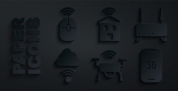 设置智能无人机系统，路由器和wi-fi信号，网络云连接，5G移动，家庭和无线电脑鼠标图标。向量图片下载