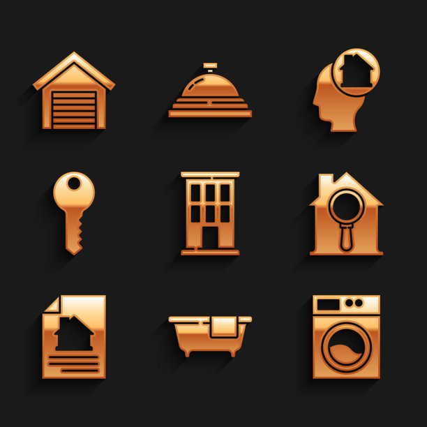 集房子，浴缸，洗衣机，搜索房子，合同，钥匙，男人梦想购买和车库图标。向量图片下载
