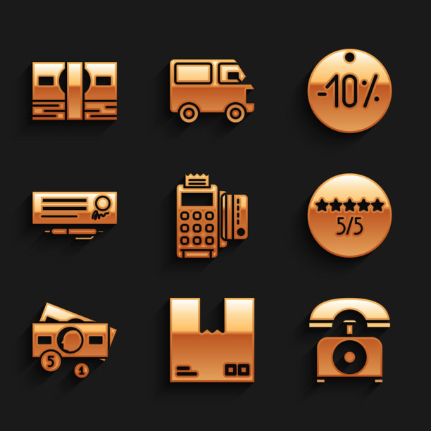 设置POS终端与信用卡，纸箱交通标志，电话，消费者或客户产品评级，堆栈纸币现金，银行支票和笔，10%的折扣标签和图标。向量图片下载