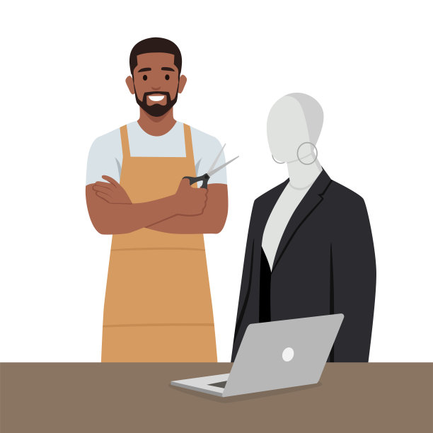 年轻的裁缝和穿着西装的人体模型，桌上摆满了剪裁工具和设备。图片下载