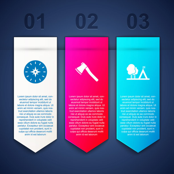 设置指南针，木斧和带旗帜的旅游帐篷。业务信息图表模板。向量图片下载