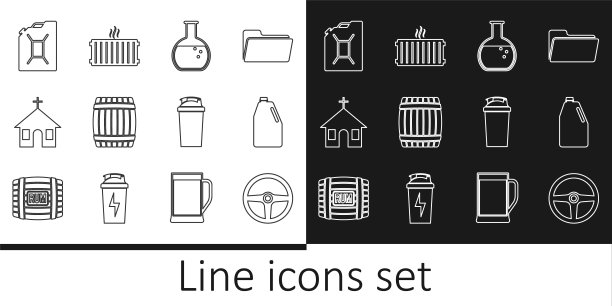 产品系列:方向盘，家用化学品瓶，试管和烧瓶，木桶，教堂建筑，汽油罐，健身摇壶和暖气散热器图标。向量图片下载