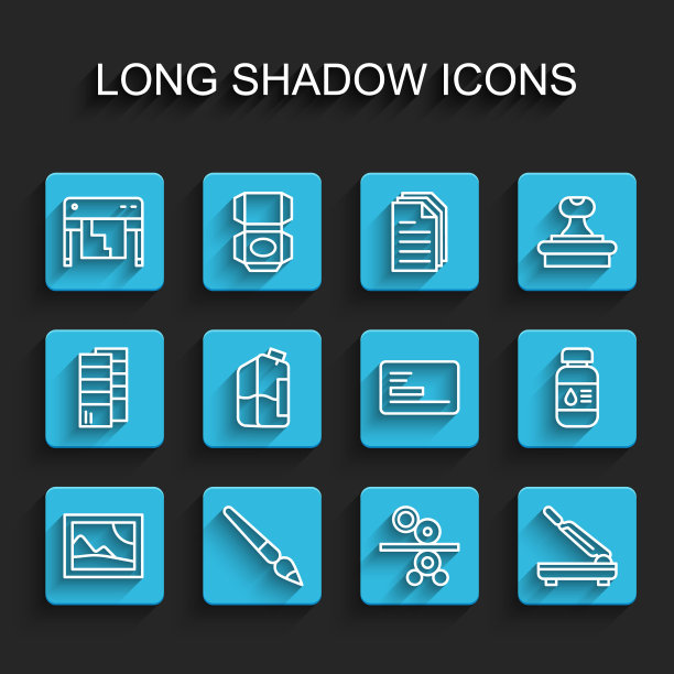 设置线图片景观，油漆刷，绘图仪，印刷机纸卷，刀具，打印机墨瓶，和名片图标。向量图片下载