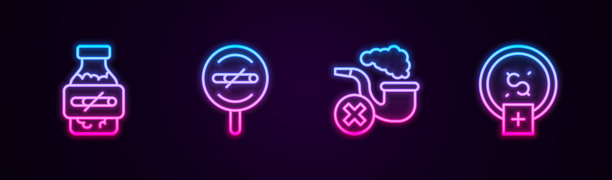 吸塑包装尼古丁口香糖，不吸烟，吸烟管带烟，不省钱。发光的霓虹灯图标。向量图片下载