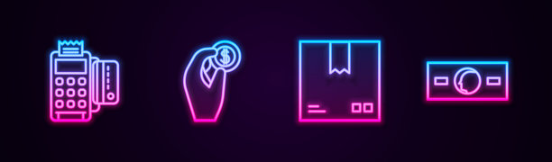 设有信用卡、手持硬币、纸板箱交通标志、纸制现金等POS终端。发光的霓虹灯图标。向量图片下载