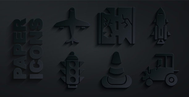 设置交通锥，火箭船与火，光，拖拉机，破碎的道路和飞机图标。向量图片下载